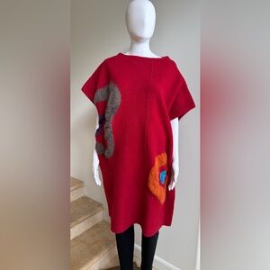 MATSUO INTERNATIONAL Wool Short Sleeve Tunic Dress, Red, Size 42